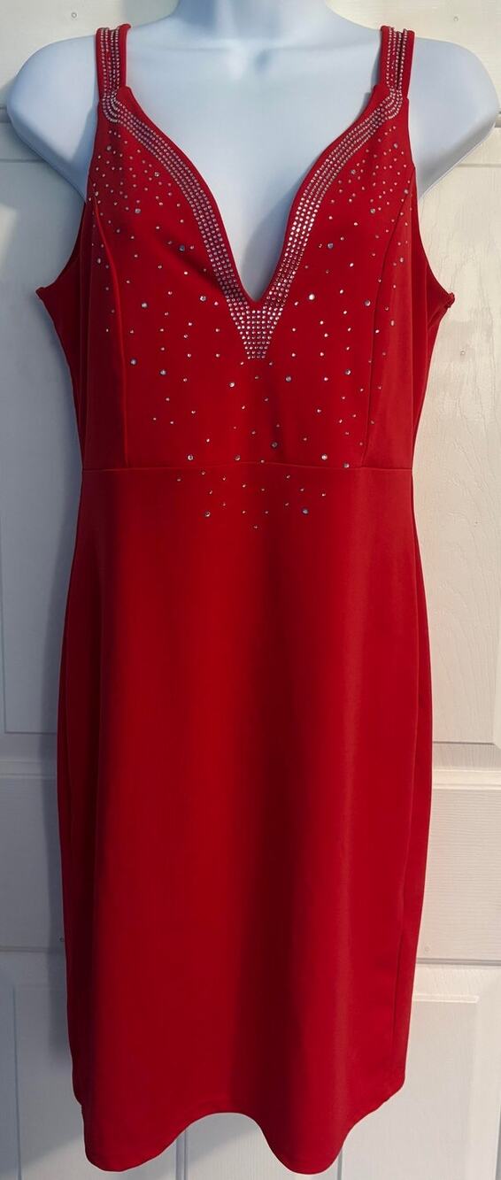 ChicMe Red Rhinestone Embellished V Neck Bodycon Cocktail Dress Size L